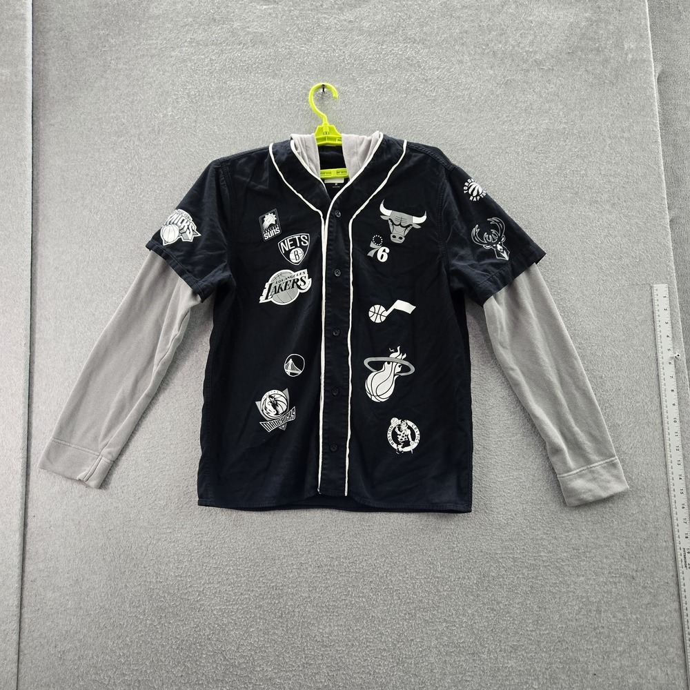 NBA x Hollister Men Button Up Shirt M Black Basketball Teams Layered Hooded